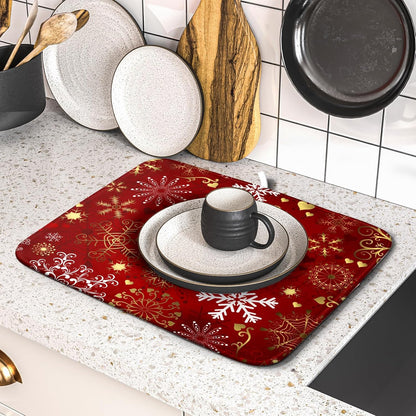 Red Snowflake Dish Drying Mat for Kitchen Counter Holiday Super Absorbent Reversible Microfiber Kitchen Countertop Protector Dishes Pad Small 16x18 inch