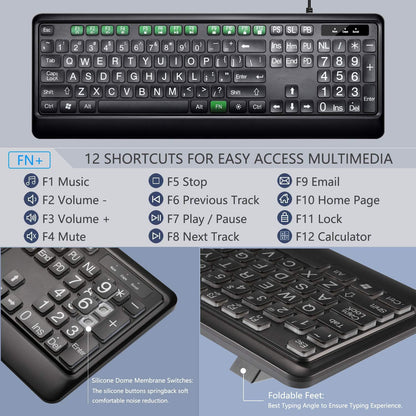 Large Print Backlit Keyboard, USB Wired Computer Keyboard, Full Size Keyboard with White Illuminated LED Compatible for Windows Desktop, Laptop, PC, Gaming, Black