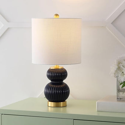 JONATHAN Y 20" Navy/Brass Gold Ribbed Gourd Glass Table Lamp, Modern Bedside Lamp for Bedroom Living Room, White Linen Drum Shade, LED Bulb Included (JYL1099D)