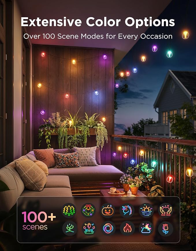 Govee Outdoor Clear Bulb String Lights, 48ft RGBWIC Outdoor String Lights with 15 Dimmable Warm White LED Bulbs, 111 Scene Modes for Patio, Backyard, IP67 Waterproof, Works with Alexa, Google & Matter