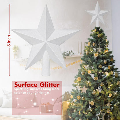 Star Tree Topper, 8" White Christmas Tee Topper Decorations, Glitter 3D Xmas Bethlehem Star Waterproof Shatter-Proof, Christmas Tree Topper Ornament Decor for Christmas Holiday Party Indoor Outdoor
