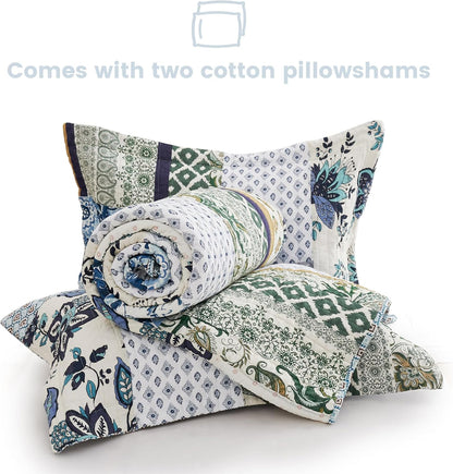 Secgo Queen Comforter Set for Bed - 100% Cotton Quilts Queen Size, Green, Sage Bedspreads (90 * 98 Inch) with 2 Pillow Shams, Patchwork Reversible Lightweight Bedding