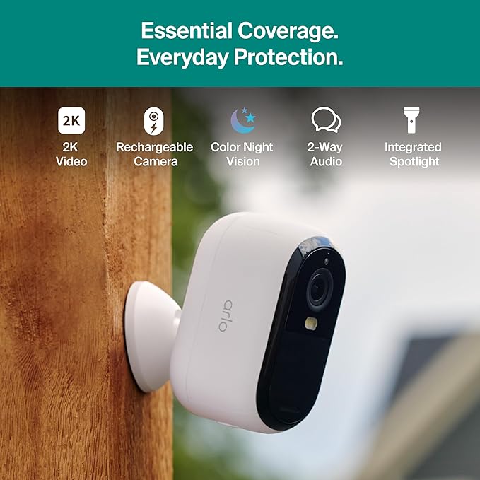 Arlo Essential Security Cameras Wireless Outdoor 2K (3rd Gen, 2025 Release) - Battery Power, Person Recognition, Package Detection, Animated Preview, 1-Month Trial of Secure Plan, 1 Cam, White