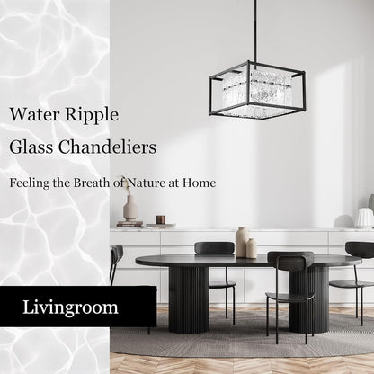IKK Modern Foyer Chandelier, Black Crystal Chandelier for Dining Room, Square Entryway Light Fixture Hanging, Easily Adjustable Height Glass Chandeliers for Kitchen Island, Elegant Water Ripple
