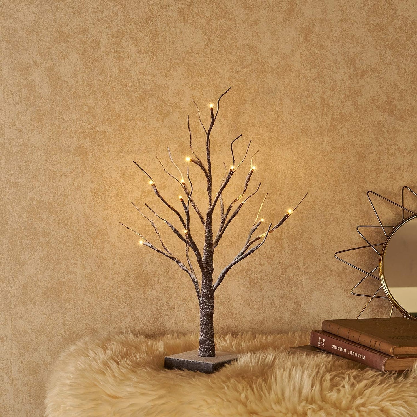 Hairui Pre Lit Tabletop Snow Dusted Tree with Timer 24LED 18IN Battery Operated for Christmas Valentine Party Decoration 2 Set