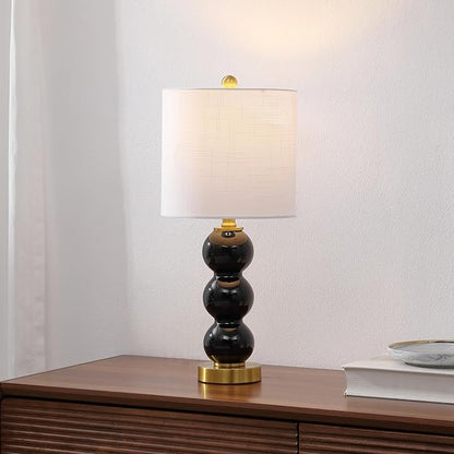 JONATHAN Y 21" Black/Brass Gold Glass Table Lamp for Bedroom and Living Room, White Linen Shade, Modern Stacked Sphere Bedside Lamp, LED Bulb Included (JYL1021E)