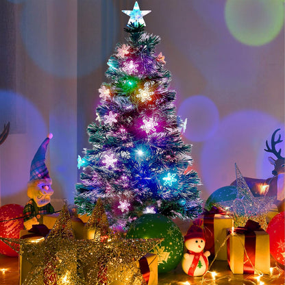 Juegoal 5 ft Pre-Lit Artificial Christmas Tree, Lighted Optical Fiber Xmas Trees with RGB Color Changing LED Lights, Snowflakes & Top Star, Festive Party Holiday Fake Multicolored Tree with Metal Legs