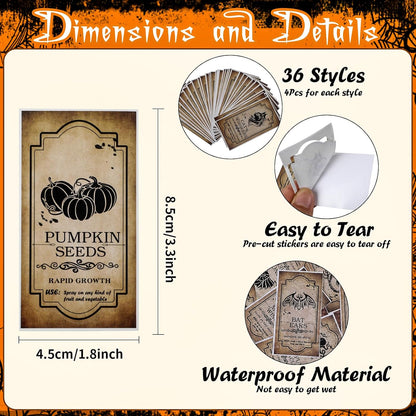 KIMOBER 144PCS Halloween Bottle Labels, Assoeted Vintage Laminated Animal Apothecary Potion Bottles Stickers for Halloween Party Supplies Photo Props