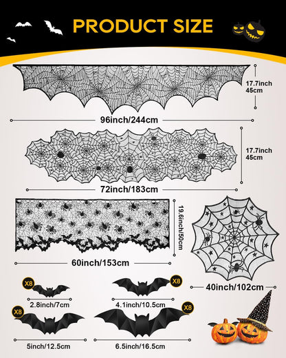 eZAKKA 5 Pack Halloween Decorations Indoor Halloween Spider Web Tablecloth Table Runners Fireplace Mantel Scarf Cobweb Lampshade Scary 3D Bats for Parties Gothic Spooky Home Decoration
