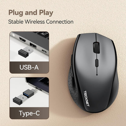 TECKNET Wireless Mouse Jiggler, USB-C Rechargeable Mouse, Silent Mouse Quiet Click, Build-in Mouse Mover, 6400 DPI Ergonomic Mouse, 2.4G Cordless Computer Mice for Mac, Laptop, Desktop, PC