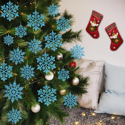 36pcs Christmas Light Blue Snowflake Ornaments Plastic Glitter Snow Flakes Ornaments for Winter Christmas Tree Decorations Size Varies Craft Snowflakes