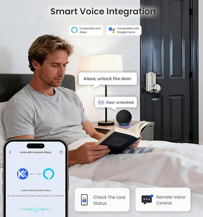 Veise VE028 Built-in Wi-Fi Smart Lock with Knob, Fingerprint Keyless Entry with Handle, App Remote & Voice Control, Electronic Digital Keypad for Front Door and Bedroom, IP65 Waterproof, Satin Nickel