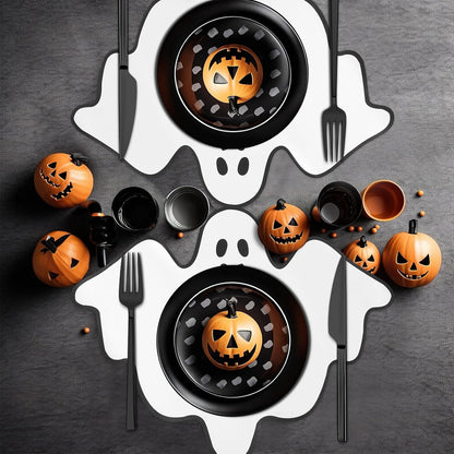 Remerry 6 Pcs Halloween Leather Table Placemats Washable Ghost Dinner Mats Easy to Clean Halloween Spooky Leather Placemats Ghost Table Mats for Holiday Kitchen Dining Party Decoration