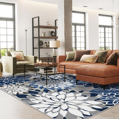 Indoor Outdoor Area Rug Washable Multicolored Patio Rug Tropical Botanical Modern Floral Indoor Outdoor Carpet Blue White Rug Non Slip for Patio, Deck, Backyard, Porch (8x10)
