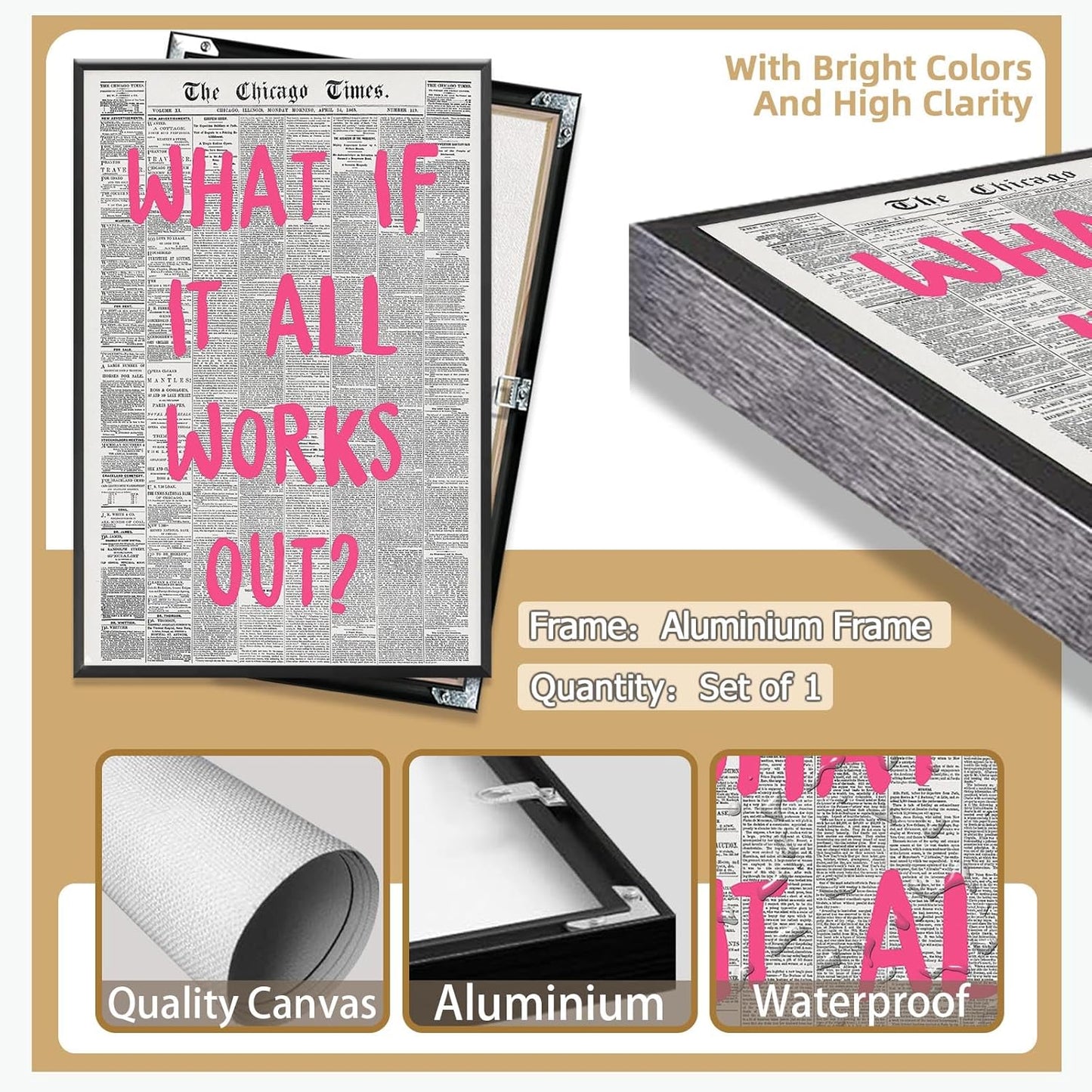 Liyark Retro Trendy Newspaper Canvas Wall Art - 'What If All Works Out' Poster - Positive Affirmation Quote - Pink Font - Minimalist Home Decor - Framed 16x24in