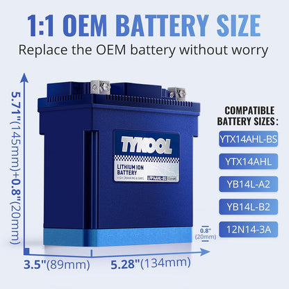 TYKOOL YTX14AHL-BS LiFePO4 Lithium Motorcycle Battery,12.8V 8Ah,480CCA,Digital Readout,Powersports Battery, Fits for Motorcycle,ATV,Snowmobile,PWC. 3X Cranking Amps,5X Longer Life.Fast Charging.
