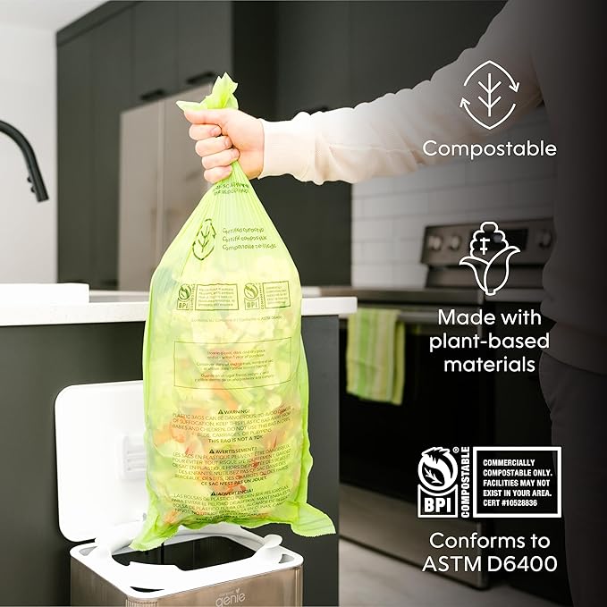 Kitchen Compost Bin, Silver Stainless-Steel Large, 3.6 Gallon, Indoor Odorless Composting, Hands-Free, Washable Parts, Includes 8 Tear-Off Compostable Bags and 1 Carbon Filter