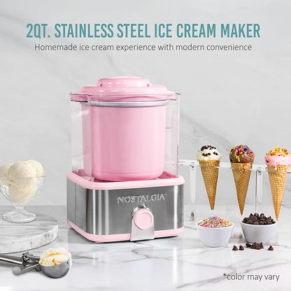 Nostalgia Electric Ice Cream Maker with 2-Qt Double Insulated Gel Canister & Stainless Steel Base - Makes Sorbet, Soft Serve, and Frozen Yogurt - Pink