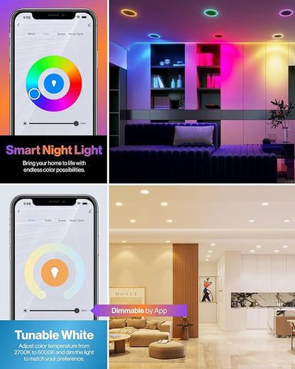 Sunco 4 Pack 6 Inch Smart Ultra Thin LED Recessed Ceiling Lights with Night Light, Tunable CCT 2700K to 6000K, Dimmable, 15W, Smooth Trim, Canless with Junction Box