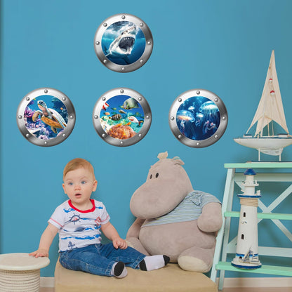 3D Ocean Animals World Wall Stickers Glow in The Dark, 4 Pcs Sharks Turtles Jellyfishs Removable Decals for Kids, Vinyl Stickers for Ceiling (Blue)