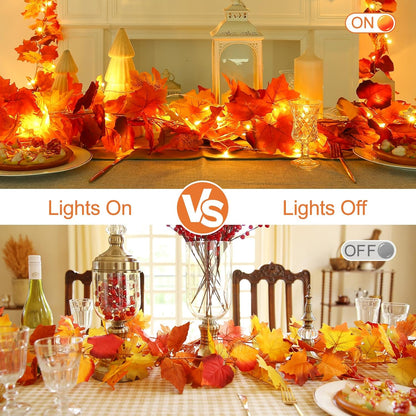 Joyhalo 2 Pack Fall Garland with Lights, Fall Leaves for Mantle, Outdoor Lighted Up Leaf Garland Autumn Decor with 6.5FT LED String Lights, Hanging Maple Leaves for Door, Thanksgiving Decor