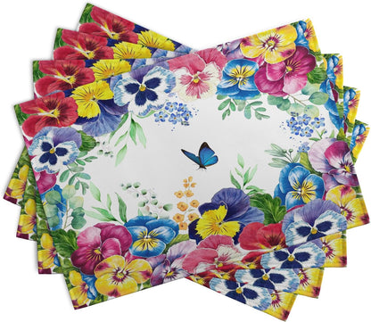 Watercolor Flowers Placemats Set of 4 Spring Summer Floral Butterfly Linen Fabric Table Mats Pansy Flower Eucalyptus Leaves Washable Place Mats for Farmhouse Dining Table Kitchen Decoration