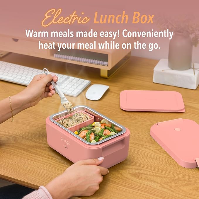 Bentgo Heat - Electric Lunch Box - Portable Food Warmer for Adults, Heated Lunch Box for Work, Travel, School & On the Go, Plug Into Wall or Car, Ideal for Ages 14+, 12V/24V & 120V Cords (Pink Spice)