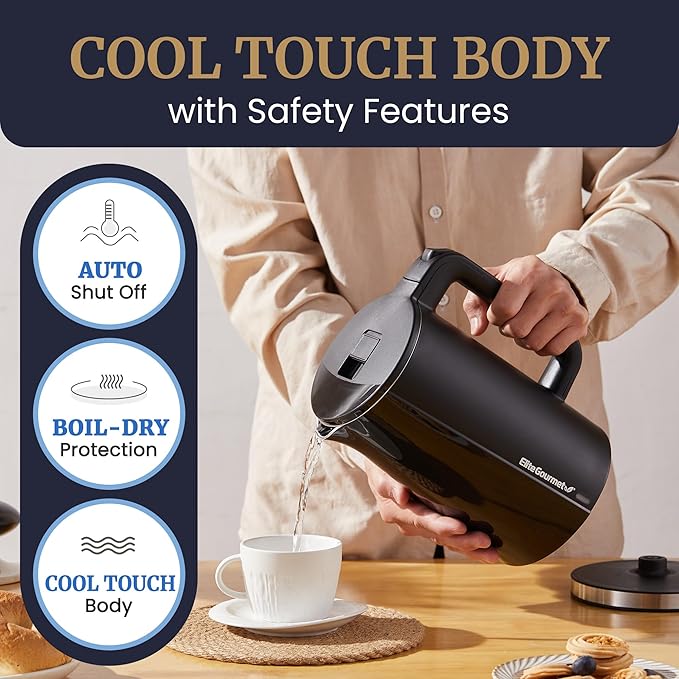 Elite Gourmet 1.7L Cool-Touch 1500W Fast Boil Electric Kettle, Fully Stainless Steel Lid & Interior BPA Free, Double Wall, Auto Shut-Off, Black