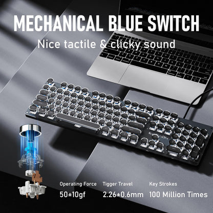 EWEADN TK100 Typewriter Keyboard Wired Mechanical Keyboard, 104 Keys Aesthetic Typewriter Keyboards with White Backlit, Anti-Ghosting, Blue Switch Wired Cute Keyboards-Black