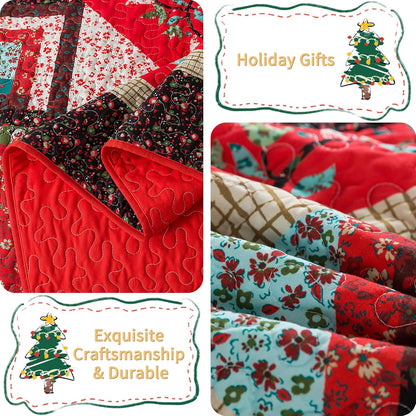 VAPUTAR Cotton King Quilt - Christmas King Size Quilt Bedding Set - Lightweight Farmhouse Bedspread with 2 Pillow Shams, 98x106 Inch All-Season Coverlet