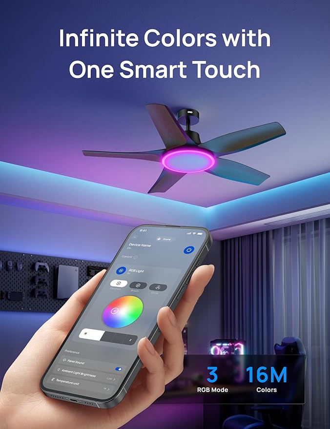 Dreo Smart Ceiling Fans with Lights, Low Profile Ceiling Fan with Alexa/App, 52'' Dimmable Lighting & Color Tuning, RGB Ambient Light for Living Room, Game Room, Easy Installation, Quiet, Black