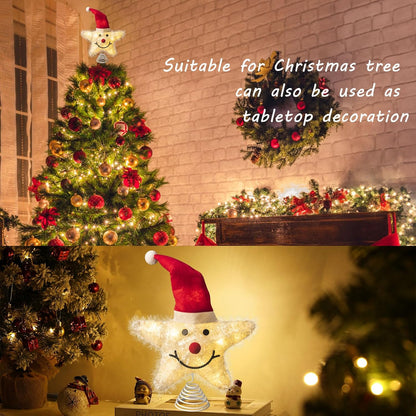 Christmas Tree Topper Snowman Star with Warm White 20 LED Lights, Xmas Tree Topper Star for Holiday Seasonal Decor Battery Required Outdoor Indoor
