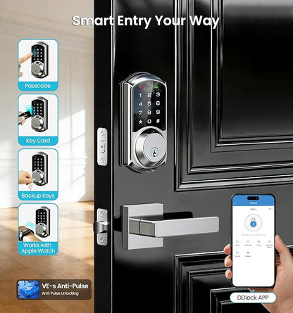 Veise VE06-L Smart Locks with 2 Lever Handle Set, App Control, Keyless Entry Deadbolt for Front Door, Electronic Digital Touchscreen Keypad, Auto Lock, Waterproof, Easy Installation, Satin Nickel