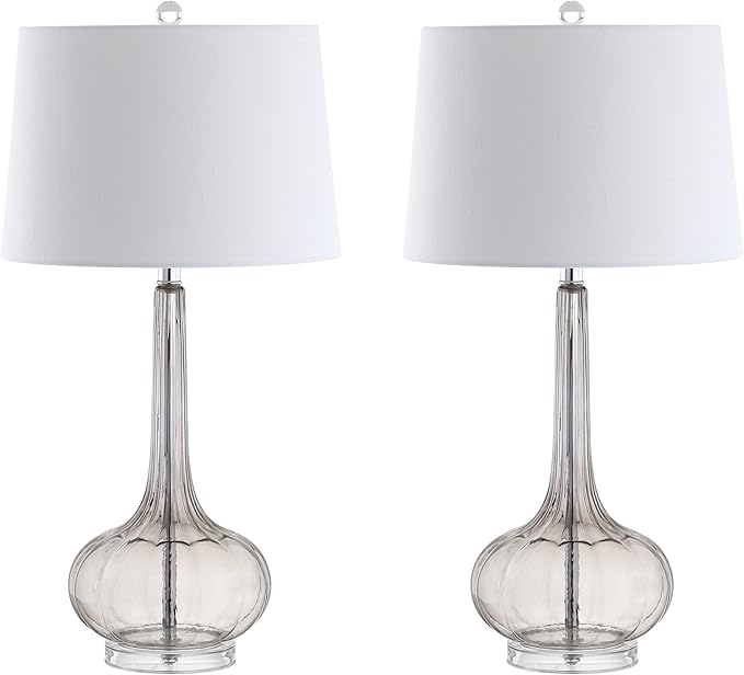 JONATHAN Y 28.5" Smoke Gray Glass Teardrop LED Table Lamp Set of 2 for Living Room Bedroom Nightstand, White Linen Shade Modern Transitional Bedside Desk Lamp (JYL1079D-SET2)