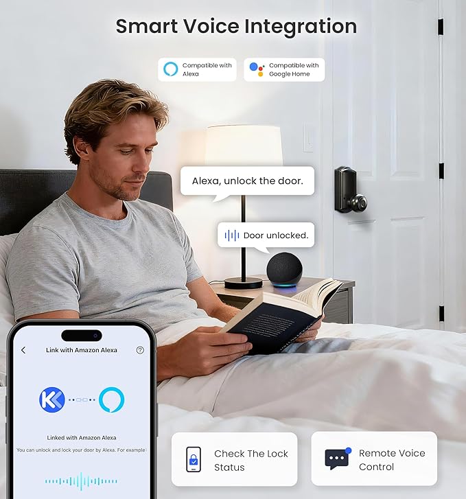 Veise VE028 Built-in Wi-Fi Smart Lock with Knob, Fingerprint Keyless Entry with Handle, App Remote & Voice Control, Electronic Digital Keypad for Front Door and Bedroom, IP65 Waterproof, Matte Black