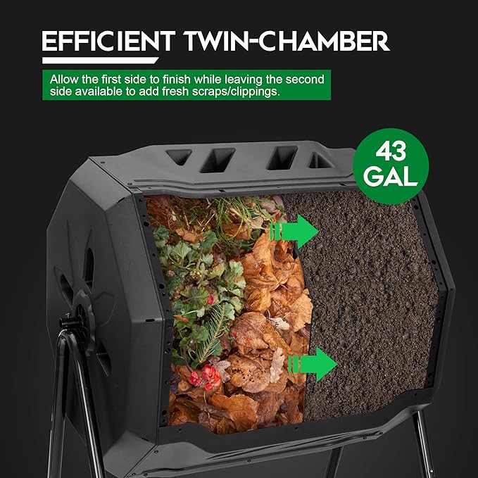 F2C Compost Bin Outdoor 43 Gallon Garden Dual Chamber Composter Bin - Bundled with Pearson's Gardening Gloves, BPA Free, Heavy-Duty Steel Frame, Rotating Tumbler with Sliding Doors -Black