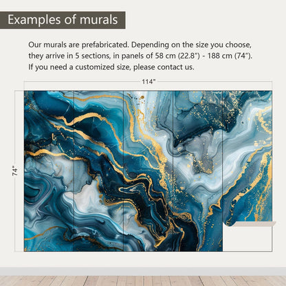 AFZEVEB-Blue and Gold Marble Wallpaper Abstract Art Wall murals for Bedroom 114"x74" (Not Peel and Stick)