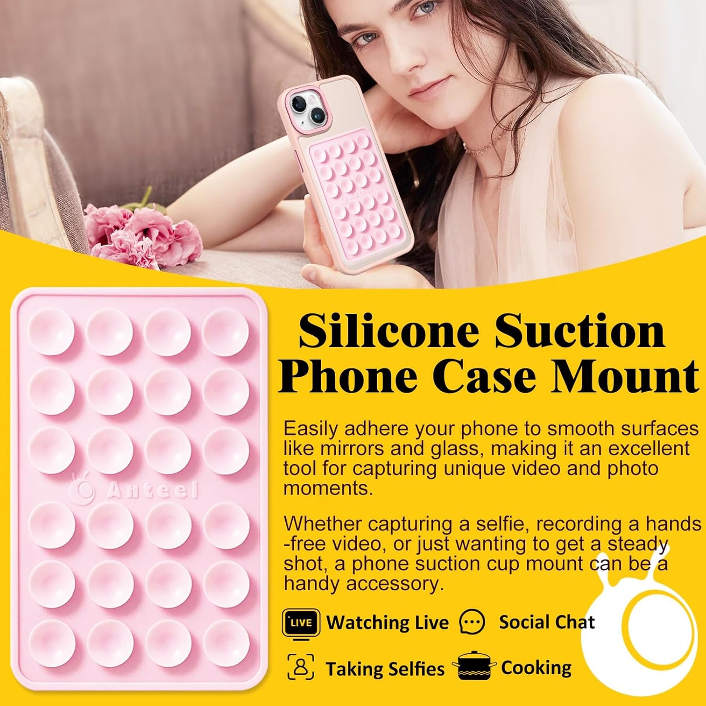 Anteel MAX Silicone Suction Phone Case Adhesive Mount, Upgraded Super Strong Grip, Durable, Easy to Use, Hands-Free Sticky Phone Holder for Selfies, Tiktok Videos, 2.56"x3.94" (Baby Blue)