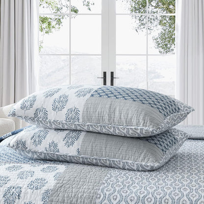 PANGUSHAN Quilt Set Queen Size, 100% Cotton Bedspread Quilt Bedding Set, Patchwork Reversible Floral Quilt for Queen Bed, Blue/Grey/White Bed Spread, Lightweight Comforter for All Season, 3 Pieces