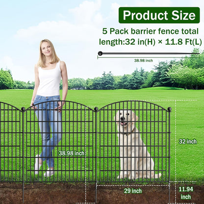 Decorative Garden Fence with Gate, 5 Panels - 32 in (H) x 11.8 ft (L) No Dig Dog Fence Outdoor for Yard, Rustproof Tall Garden Fencecing Panels, Animal Barrier Suitable for Yard Border, Patio