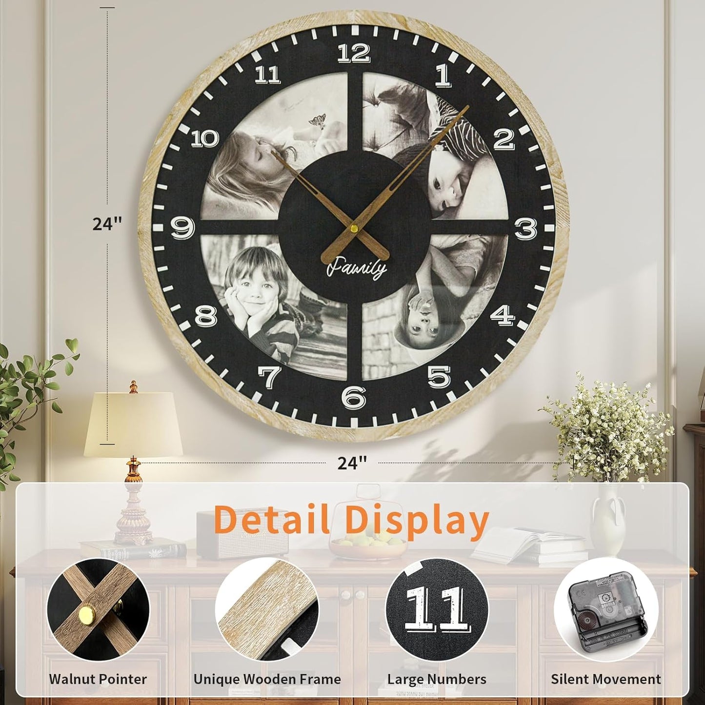 4 Photo Collage Wall Clock-24 Inch Large picture frame clock for Living Room Decor,Modern Big Wall Watch Battery Operated Decorative Clock with Personalized Frames for office ,living room,bedroom
