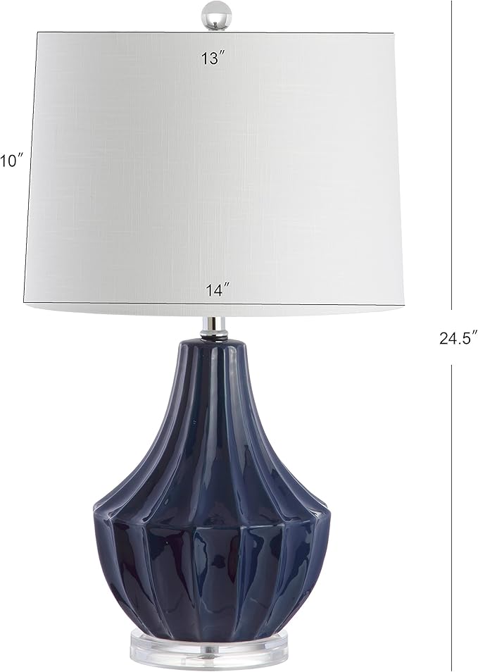JONATHAN Y 24.5" Navy Blue Ceramic Table Lamp for Bedroom, Modern Bedside Desk Lamp, White Linen Drum Shade, Fluted Gourd for Living Room, LED Bulb Included JYL8018A
