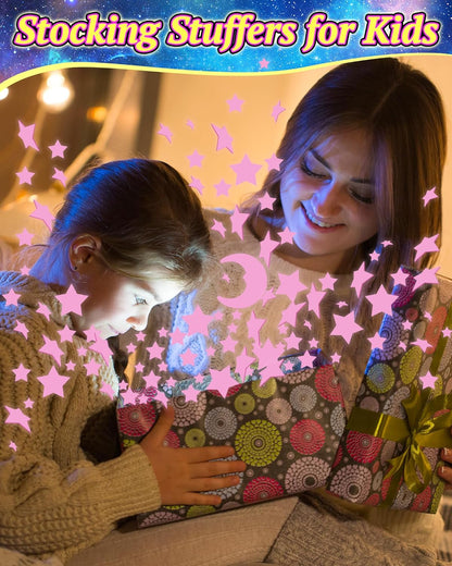 201 Pcs Glow in The Dark Stars Stickers for Ceiling, Pink Toddler Wall Room Decor Gifts, Luminous 3D Glowing Stars Stocking Stuffers for Kids Boys Girls