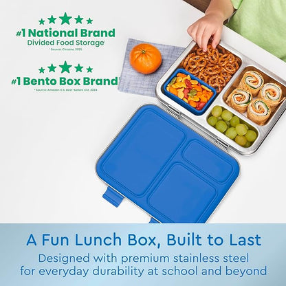 Bentgo Kids Stainless Steel Leak-Resistant Lunch Box - 3-Compartments with Bonus Silicone Container, Durable, Eco-Friendly, Dishwasher Safe, BPA-Free, Ideal for School, Ages 3+ (Blue)