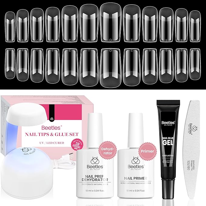 Beetles Gel Nail Kit Medium Square with Nail Dehydrator and Primer, 576Pcs Half Matte Etch-X Gel Nail Tips Solid Nail Glue Mini Nail Lamp Acrylic Nail Tips Easy DIY Nail Extension Set Gift for Women