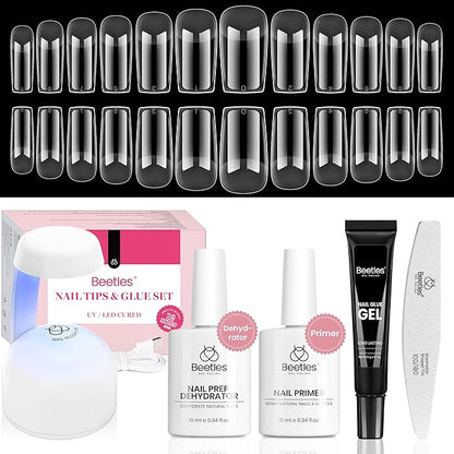 Beetles Gel Nail Kit Medium Square with Nail Dehydrator and Primer, 576Pcs Half Matte Etch-X Gel Nail Tips Solid Nail Glue Mini Nail Lamp Acrylic Nail Tips Easy DIY Nail Extension Set Gift for Women