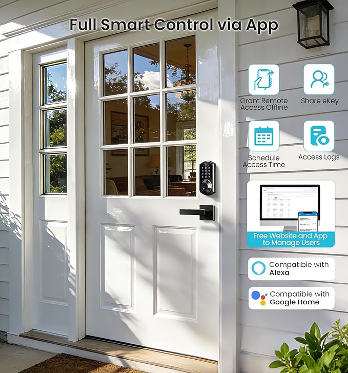 Veise VE07-L Fingerprint App Control Smart Locks with Heavy-Duty Zinc Alloy Handles, Keyless Entry for Front Door, Digital Electronic Touchscreen, Auto Lock, Waterproof, Easy Install, Matte Black