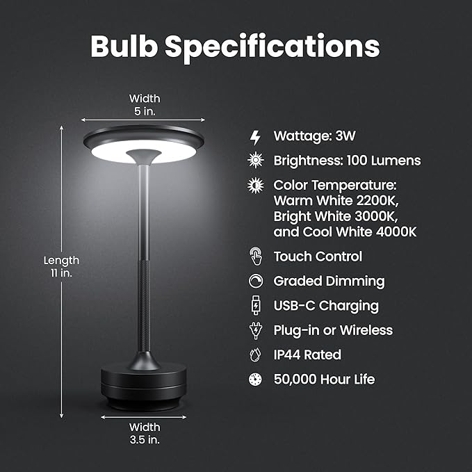 Feit Electric Tabletop Lamp, Touch-Activated, 3-Way Dimmable, 100 Lumens, 3 Watts, Potable & Rechargeable for Indoor/Outdoor Use, 50,000-Hour Lifetime, TABLE/3CCT/BK/BAT/4, 4 Pack