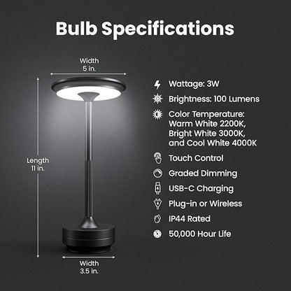 Feit Electric Tabletop Lamp, Touch-Activated, 3-Way Dimmable, 100 Lumens, 3 Watts, Potable & Rechargeable for Indoor/Outdoor Use, 50,000-Hour Lifetime, TABLE/3CCT/BK/BAT/4, 4 Pack