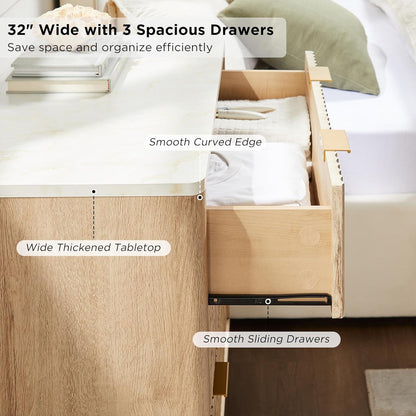 T4TREAM 32" Tall Fluted Nightstand Set of 2, Modern Side Table with Faux Marble Top, 3 Drawers End Table w/Storage, Bedside Table for Bedroom, Living Room, Curved Profile Design, Natural Oak